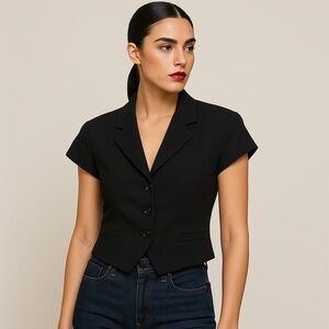 Vintage Y2K Ellen Tracy Short-Sleeve Blazer –Black Minimalist Tailored Jacket 10